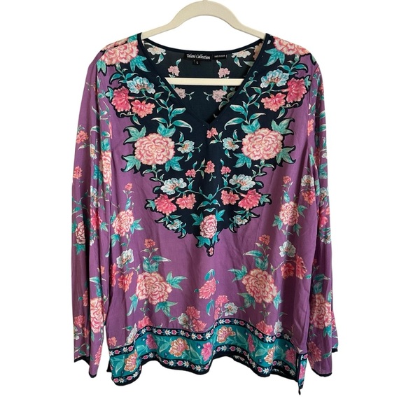 Tolani Collection size Large Purple V Neck Floral Blouse Top Long sleeve Modal L - Picture 2 of 6